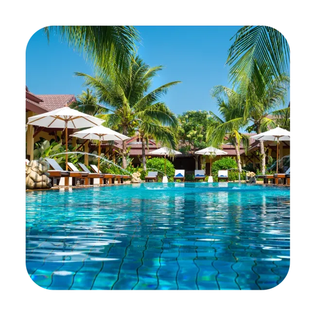 Florida commercial pool with palm trees around it